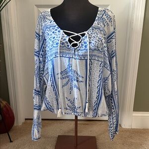 Free People Yo Yo Geo Peasant Lace-up blouse